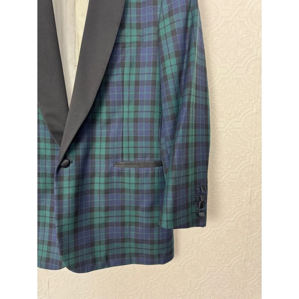 Custom Black Watch Tartan Collar Tuxedo Jacket Green Plaid Formal Suit 42 Short